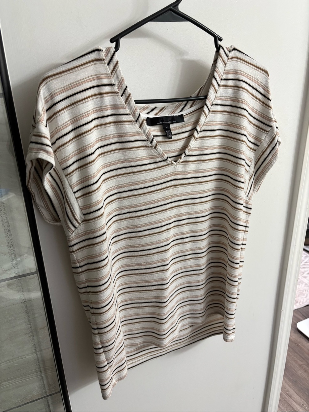 White House Black Market Striped V-Neck Tee in Cream, Brown and Black